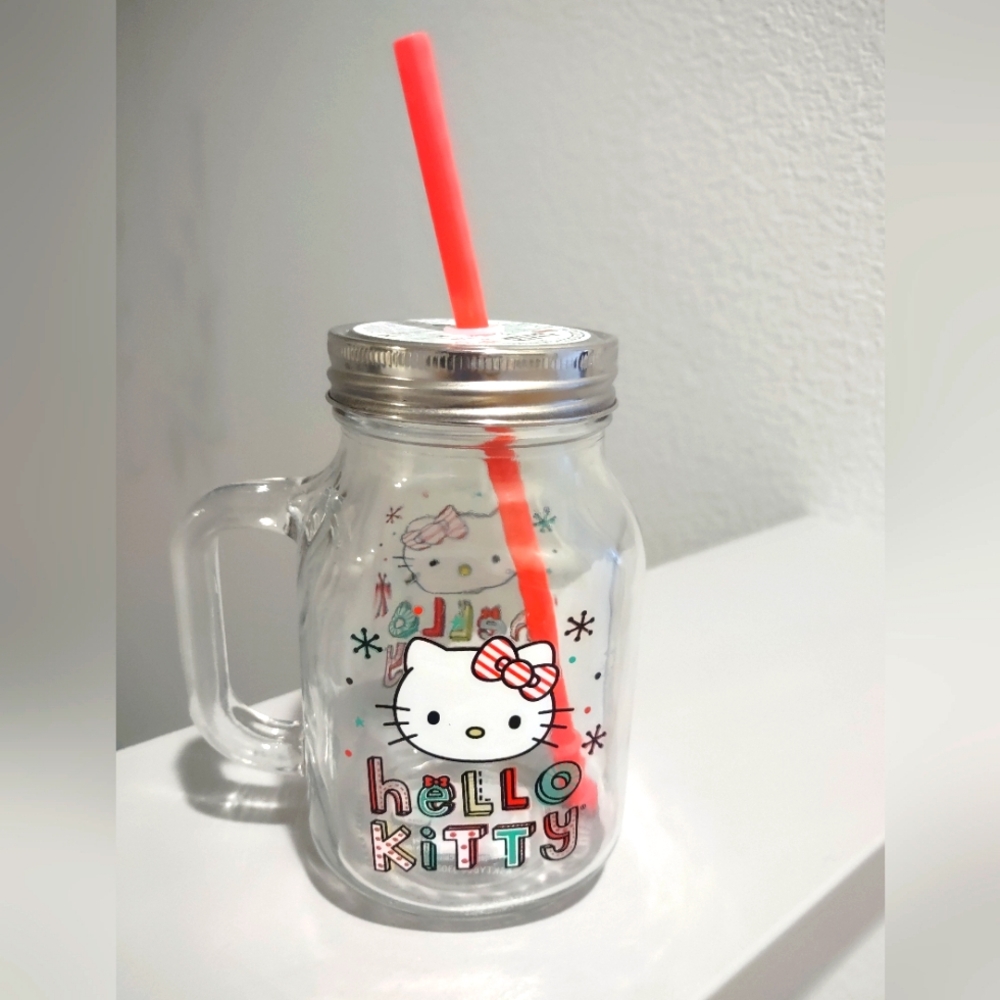 Hello Kitty Glass Mason Jar with Red Straw